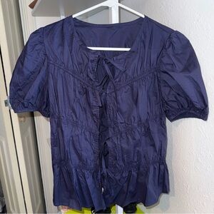 Navy Blue Puff Sleeve Tie-front Blouse